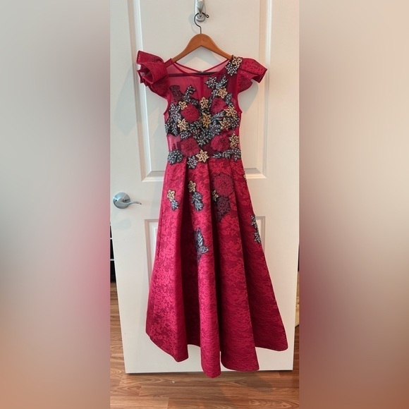 Jovani Burgundy Floral Embroidered Fit and Flare
Contemporary Dress M59787 - Picture 3 of 16